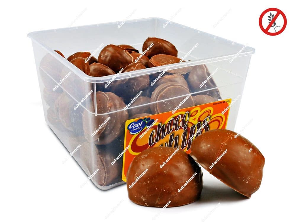 Tarrina de Cool Candies Choco Wips 45 uds con sello sin gluten mostrando los malvaviscos bañados en chocolate con leche - Dulcealmacen