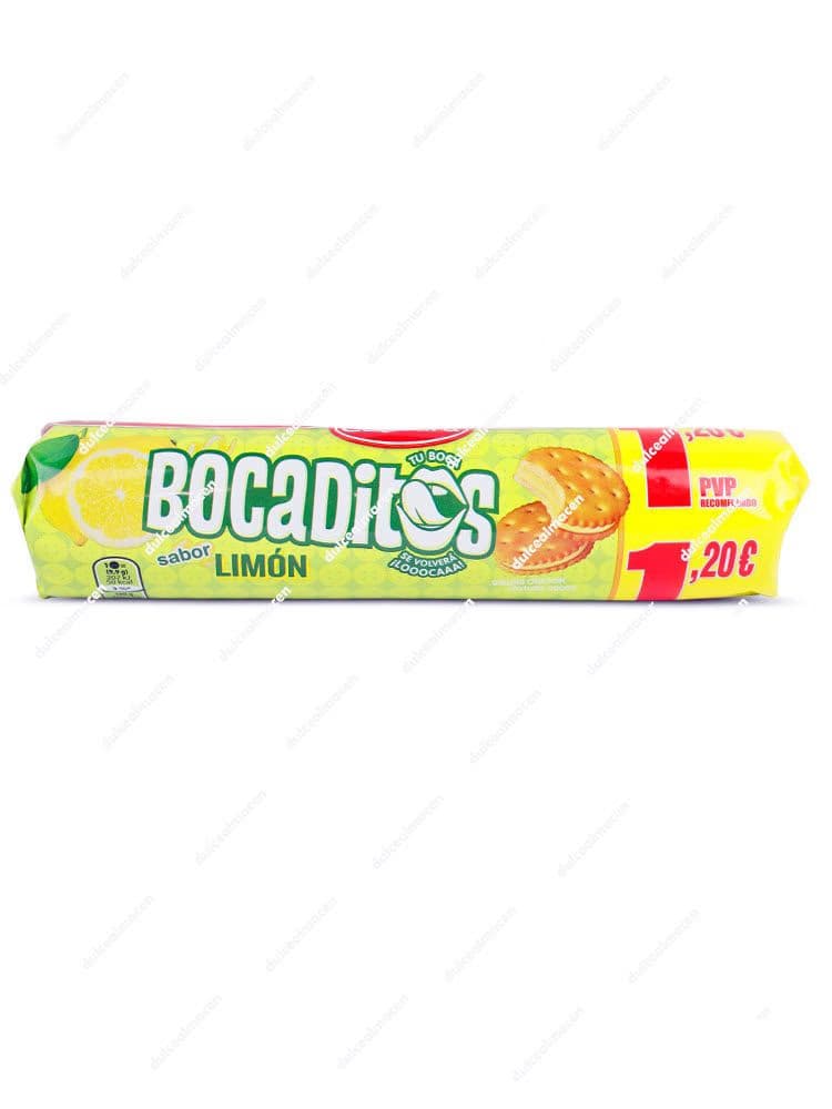 Paquete de Cuétara Bocaditos Limón de 150 gramos, mostrando las galletas tipo sándwich rellenas de crema amarilla cítrica con el diseño tradicional de la marca - Dulcealmacen