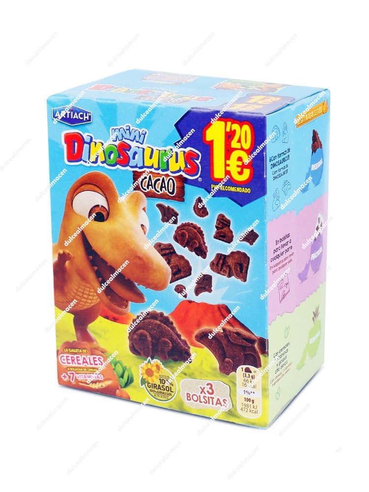 Caja de galletas vertical de color azul claro de la marca Artiach Mini Dinosaurus Cacao, mostrando la ilustración de un dinosaurio naranja animado y galletas de cacao flotando sobre un volcán en erupción, con un precio recomendado de 1,20 euros en la esquina superior derecha - Dulcealmacen