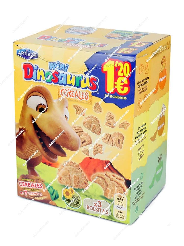 Caja de cartón de color amarillo de galletas infantiles Artiach Mini Dinosaurus Cereales de 120 gramos, mostrando un dinosaurio animado marrón junto a un volcán, mini galletas flotando y un sello rojo con el PVP recomendado de 1,20€ - Dulcealmacen