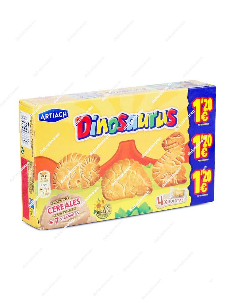 Caja de galletas Artiach Dinosaurus de Cereales de 120g mostrando los 4 packs individuales, las galletas con forma de dinosaurio y los sellos de vitaminas y aceite de girasol - Dulcealmacen