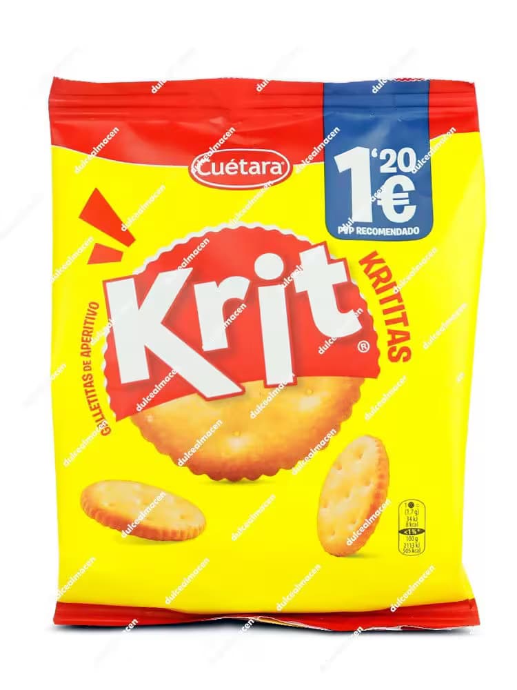 Bolsa de galletitas saladas Cuétara Krititas con diseño amarillo y rojo, mostrando las galletitas redondas horneadas y el sello de PVP recomendado 1,20€ - Dulcealmacen