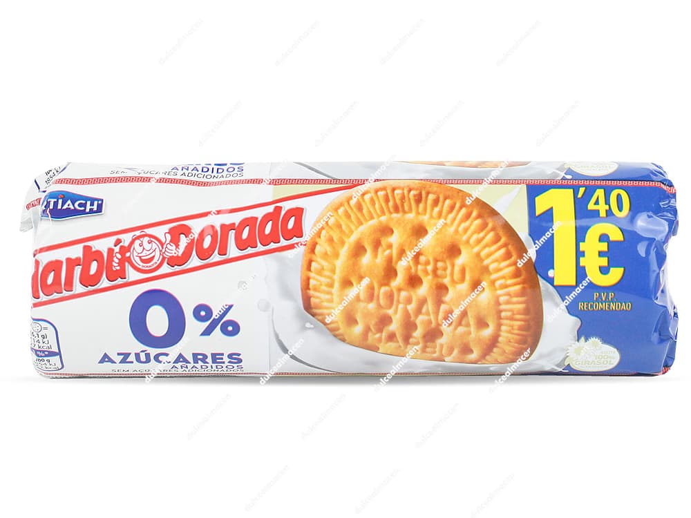 Paquete horizontal en formato rulo de color blanco y azul de la marca Cuétara Marbú Dorada, mostrando un gran gráfico de 0% azúcares añadidos, la imagen de una galleta redonda y tostada, y un precio recomendado marcado de 1,40 euros en el lateral derecho - Dulcealmacen