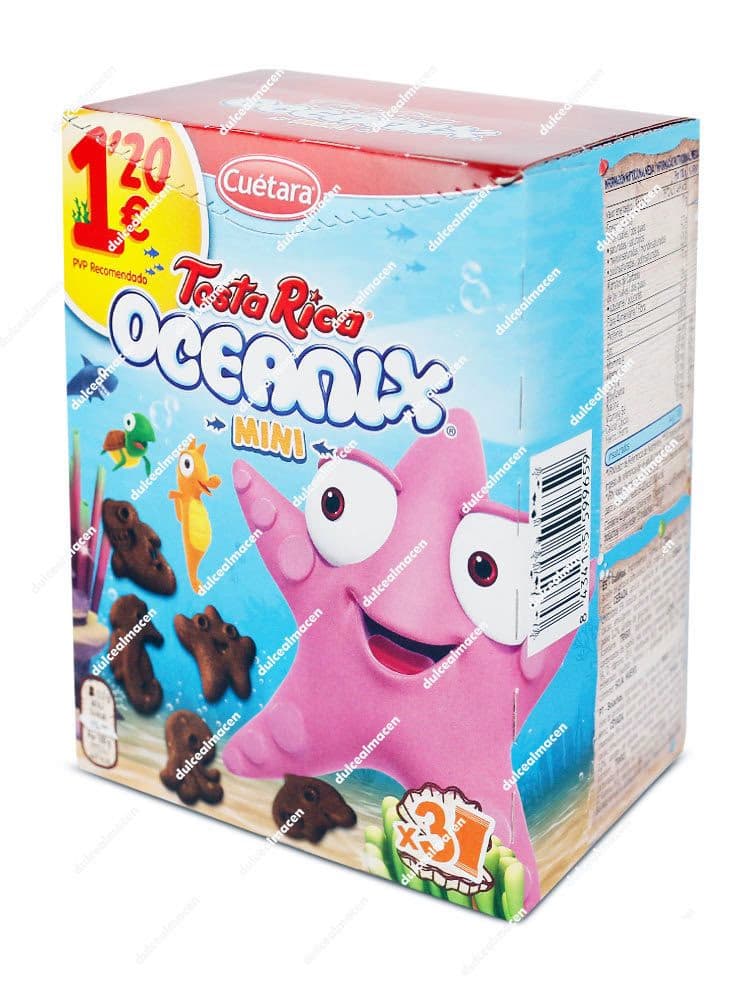 Caja de cartón vertical de color azul de galletas infantiles Cuétara Tosta Rica Oceanix Mini de 120 gramos, mostrando una estrella de mar rosa animada en el centro, pequeños animales marinos de galleta flotando y un gran sello amarillo con el PVP recomendado de 1,20€ - Dulcealmacen