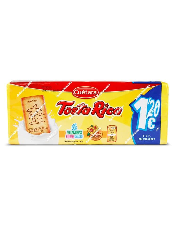 Paquete rectangular de color amarillo de galletas infantiles Cuétara Tosta Rica de 190 gramos, mostrando una galleta con el dibujo de una palmera sumergiéndose en leche, y un gran sello azul a la derecha con el PVP recomendado de 1,20€ - Dulcealmacen