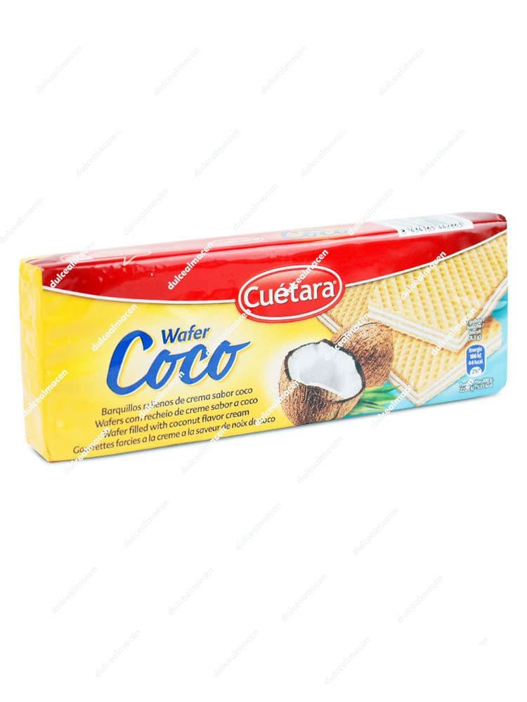 Paquete de 150 gramos de galletas Cuétara Wafer Coco, barquillos rellenos de crema de coco en envase amarillo y rojo - Dulcealmacen