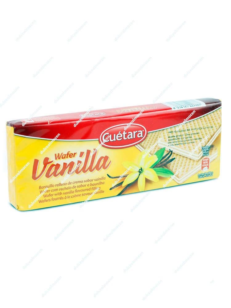 Paquete de Cuétara Wafer Vainilla de 150 gramos, mostrando los barquillos crujientes rellenos de crema de vainilla con diseño de flor de vainilla - Dulcealmacen
