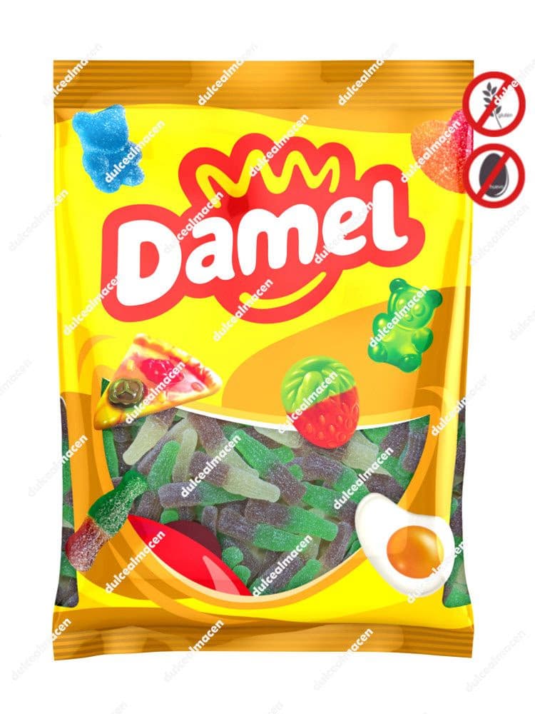 Bolsa de 250 unidades de golosinas Damel Botellas Cola con cobertura de azúcar ácido en colores marrón y verde - Dulcealmacen