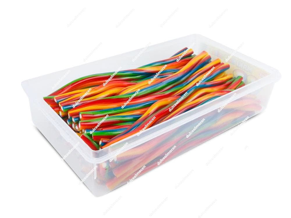 Estuche de plástico transparente con tapa de regalices gigantes rellenos de acabado liso y colores surtidos Damel Maxirellenos de 75 unidades - Dulcealmacen