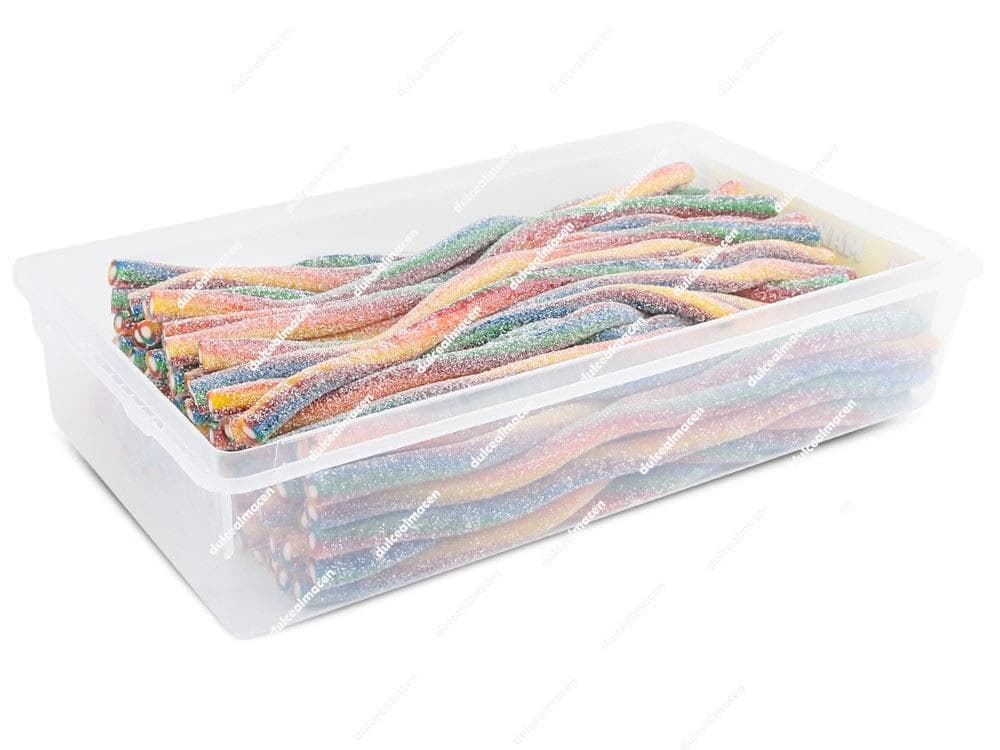 Estuche de plástico transparente con tapa de regalices gigantes rellenos de colores surtidos Damel Maxirellepica de 75 unidades - Dulcealmacen