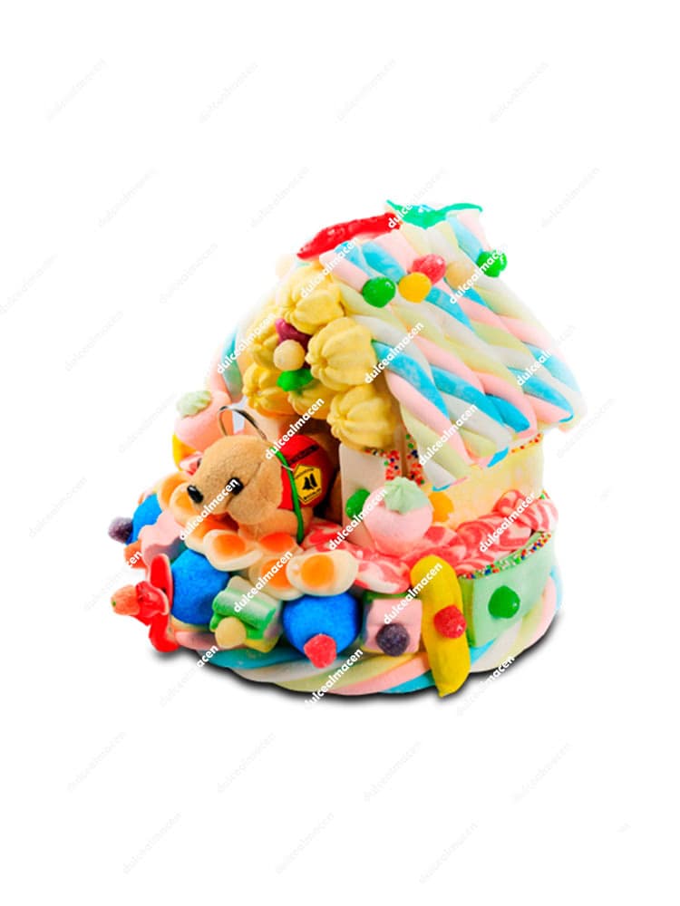 Tarta de chuches caseta animal serie 5 hecha a mano con nubes de azúcar de colores, gominolas variadas y un peluche de perrito - Dulcealmacen