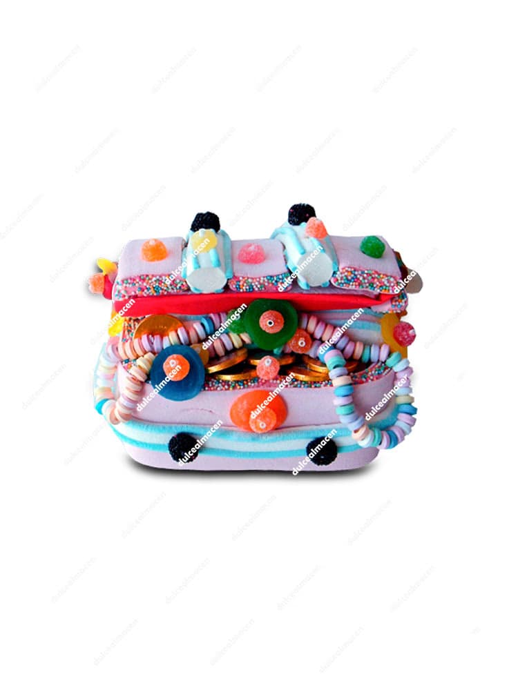 Tarta de chuches cofre del tesoro serie 4 hecha a mano en forma de baúl con monedas de chocolate, collares de cuentas dulces y nubes de azúcar de Dulcealmacen