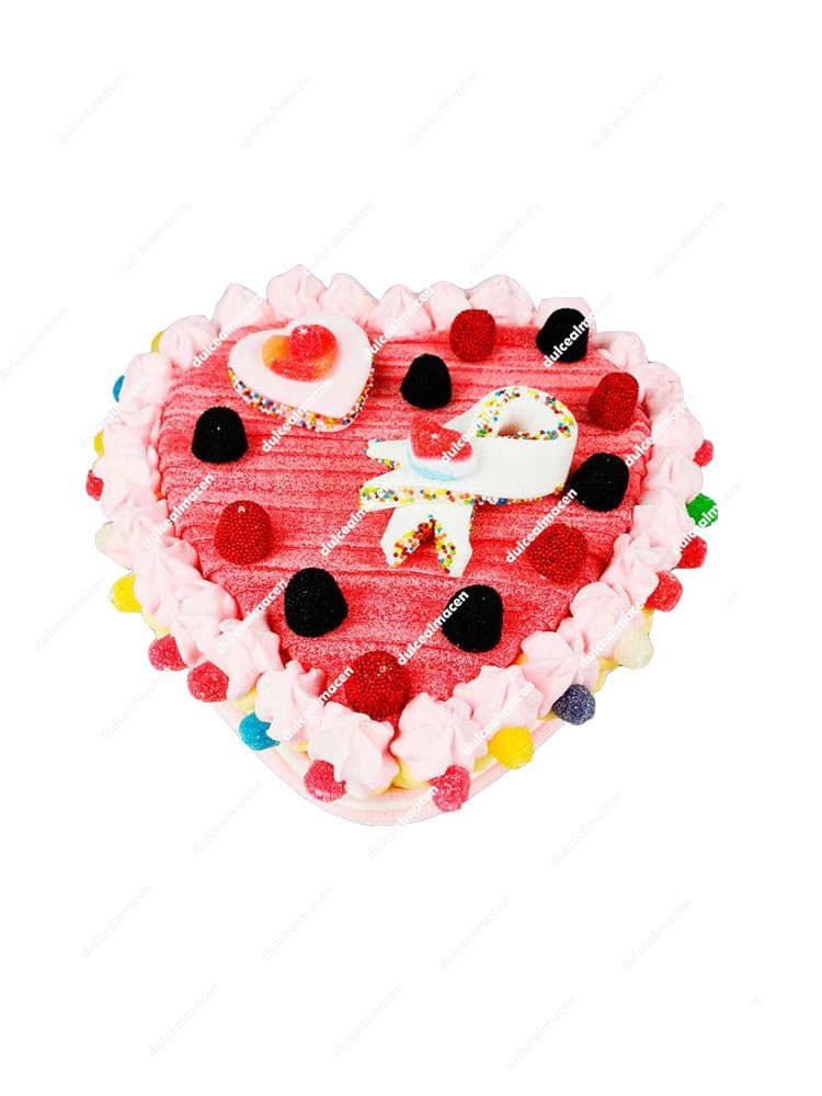 Tarta de chuches corazón mediano San Valentín Serie 5 hecha a mano con nubes de azúcar rosas y gominolas rojas y negras con brillo de Dulcealmacen