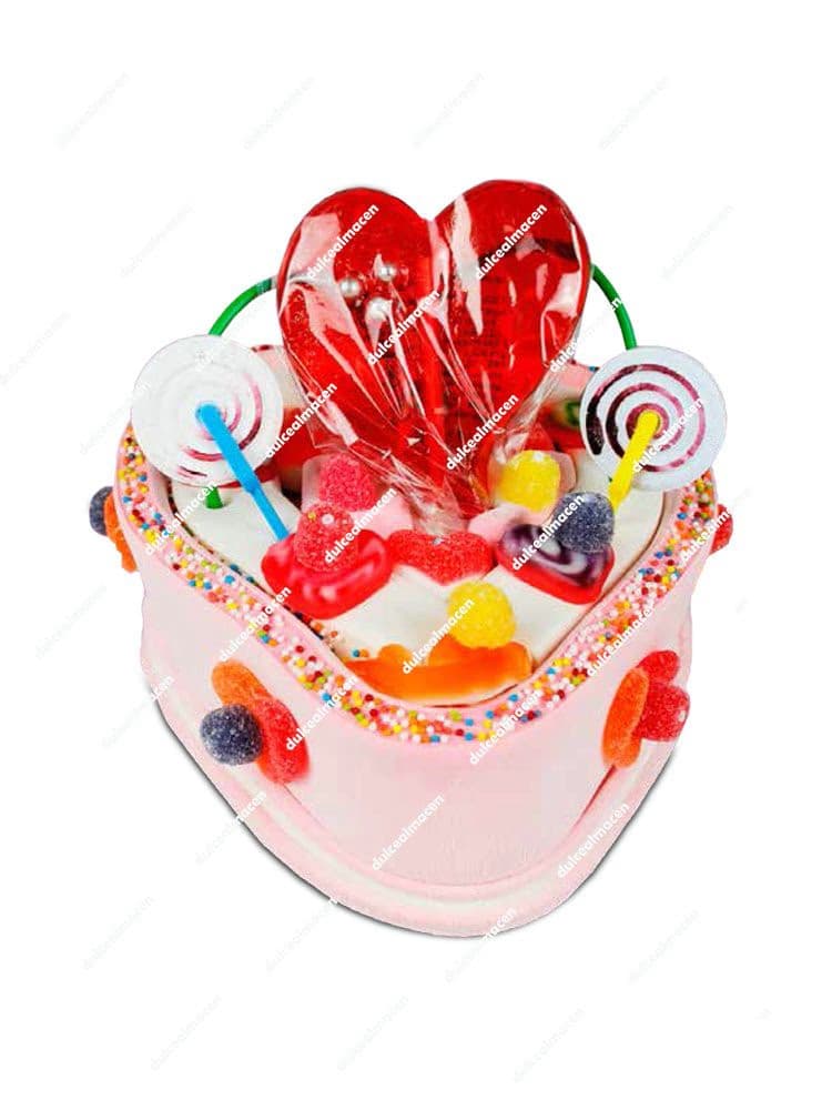 Tarta de chuches corazón San Valentín Serie 4 hecha a mano con nubes de azúcar rosas, piruletas y un gran pirulí de corazón de Dulcealmacen