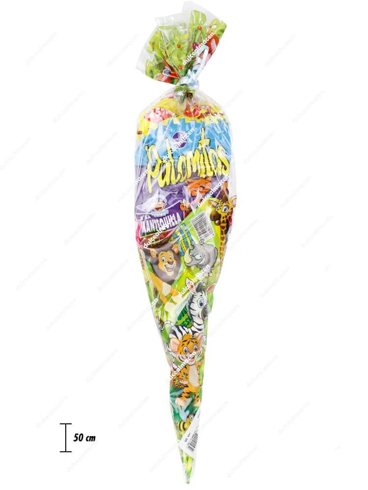 Lote cono grande de chuches de 50 cm de longitud repleto de gominolas, nubes y bolsas de palomitas con dibujos de animales de la selva - Dulcealmacen