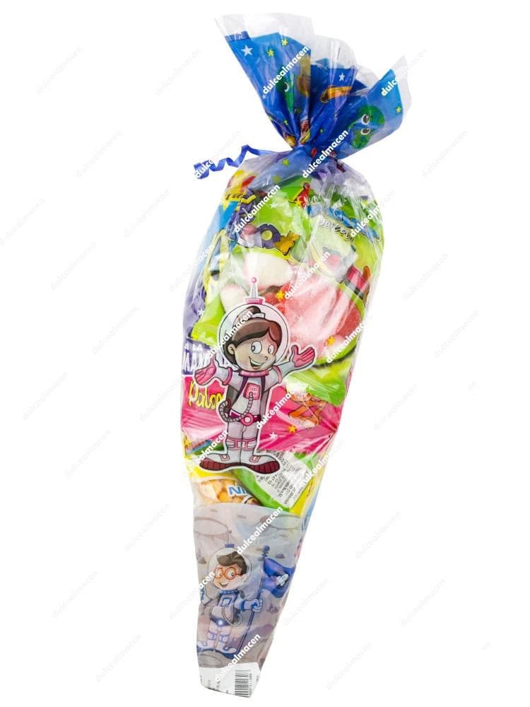 Cono gigante de chuches Lote M.6 con diseño de astronauta y lazo azul, pack de 30 unidades para eventos infantiles - Dulcealmacen