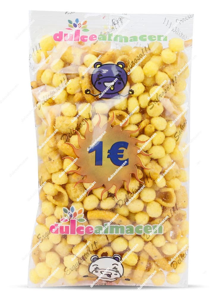 Bolsa transparente de Mixpi Coteo Dulcealmacen con precio marcado de 1€, mostrando un variado surtido de snacks salados y maíz frito en su interior - Dulcealmacen