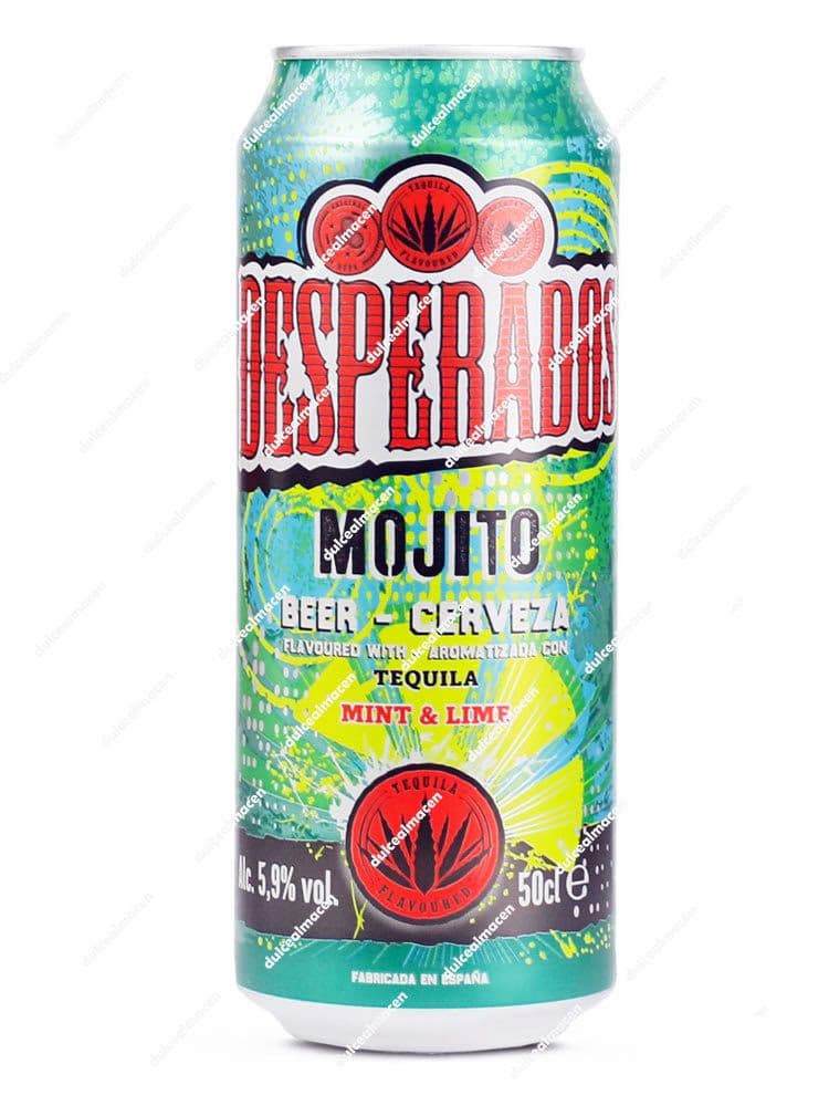 Lata de 50 cl de cerveza Desperados Mojito con diseño verde y blanco, detalles de hojas de menta y rodajas de lima sobre fondo blanco en Dulcealmacen