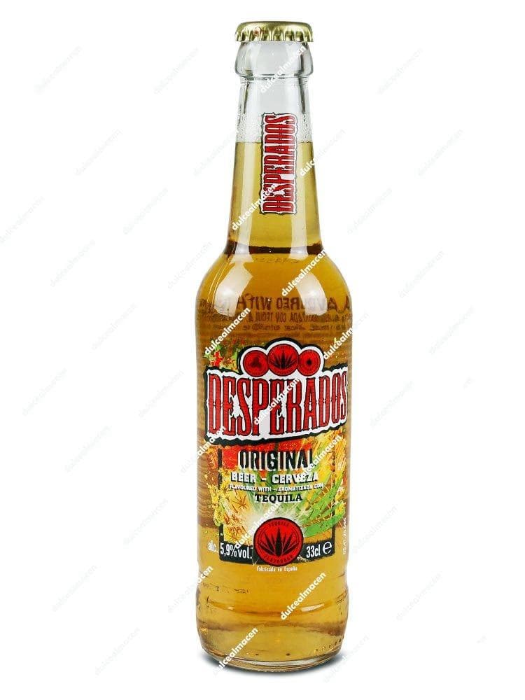 Botella de cristal de Desperados Original 33 cl con etiqueta amarilla y logo rojo - Dulcealmacen
