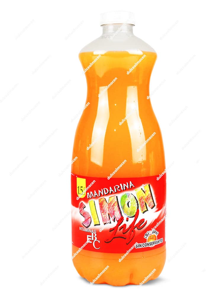 Botella de 1.5 litros de Simón Life sabor Mandarina con etiqueta roja y naranja sobre fondo blanco en Dulcealmacen