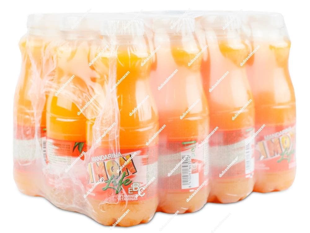 Botella individual y pack de 12 unidades de Don Simon Life Mandarina 330 ml con diseño naranja y blanco - Dulcealmacen