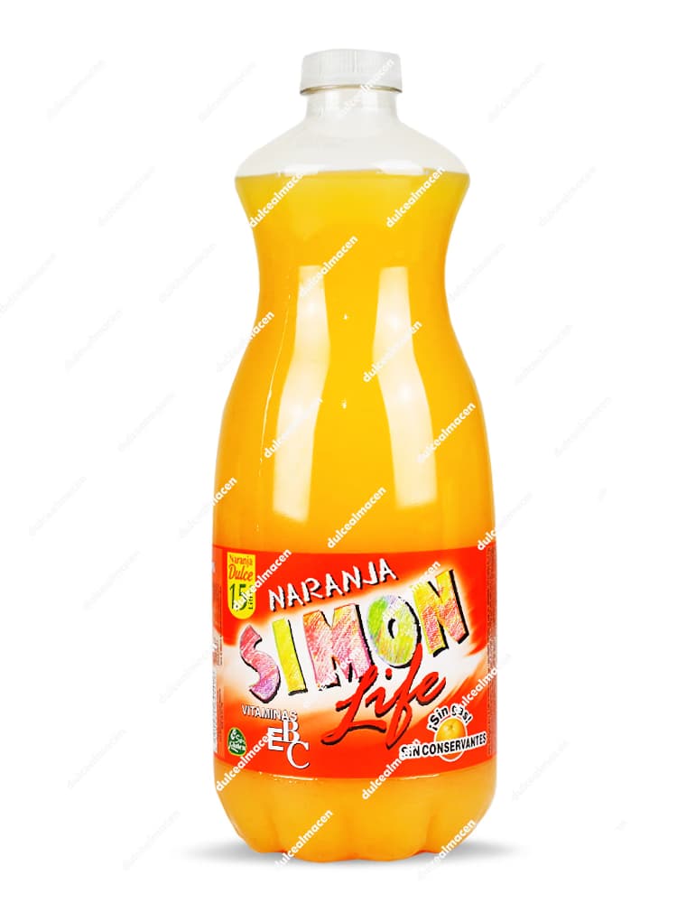 Botella de 1.5 litros de Simón Life sabor Naranja con etiqueta roja y naranja sobre fondo blanco en Dulcealmacen