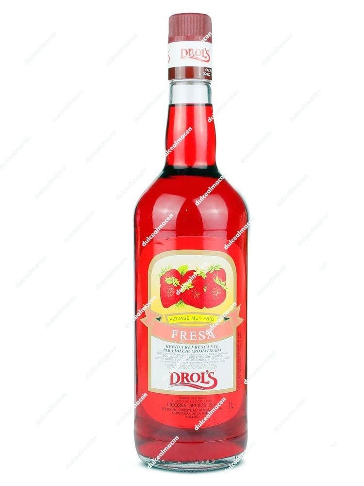 Botella de cristal de Drols Licor de Fresa sin Alcohol 1L con líquido rojo y etiqueta blanca con ilustración de fresas - Dulcealmacen