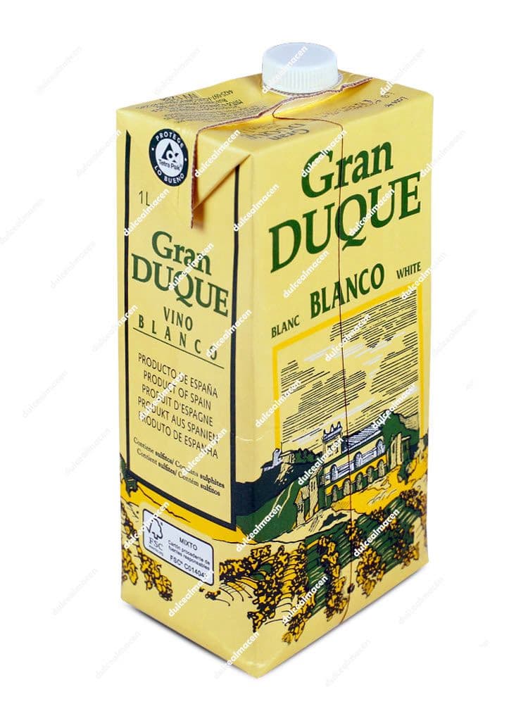 Envase brik de 1 litro de Gran Duque Vino Blanco con ilustración de un castillo y campos en Dulcealmacen