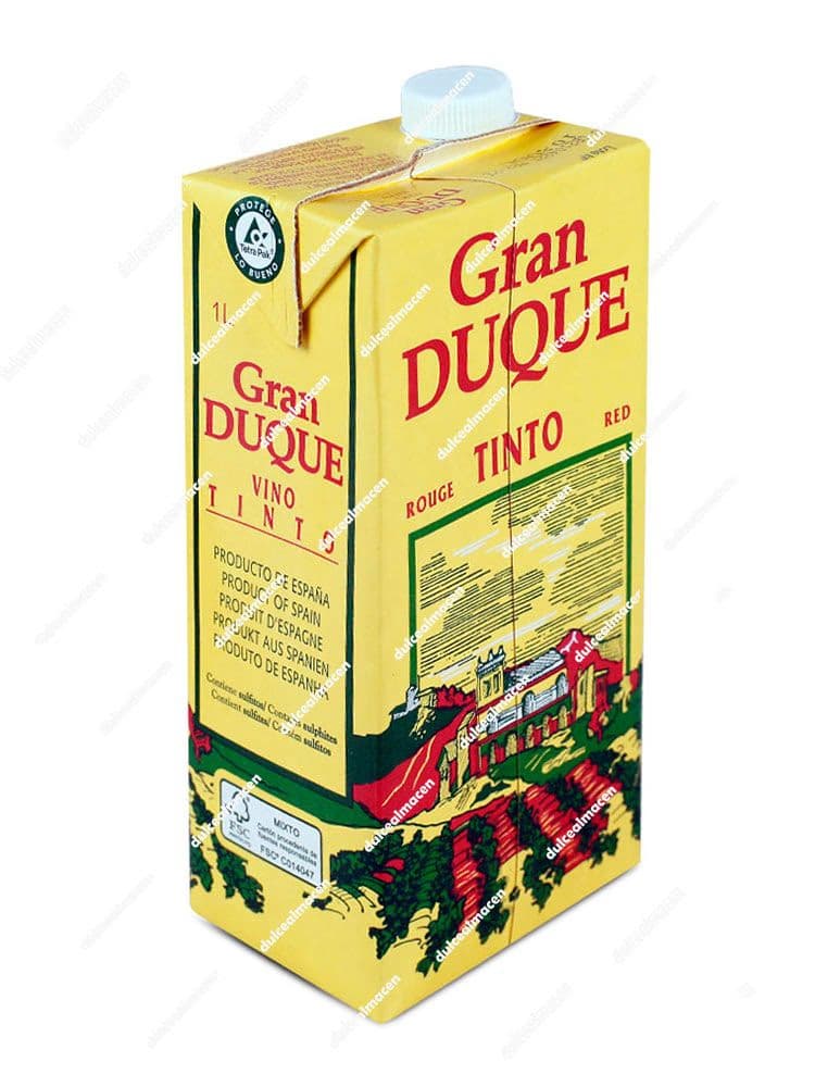 Envase brik de 1 litro de Gran Duque Vino Tinto con ilustración de un paisaje de castillos y viñedos en Dulcealmacen