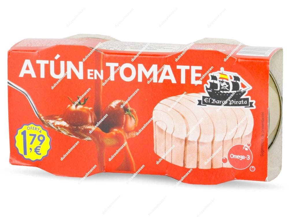 Pack de tres latas de atún en tomate marca El Barco Pirata con sello de Omega-3 y precio de 1,79 euros en Dulcealmacen