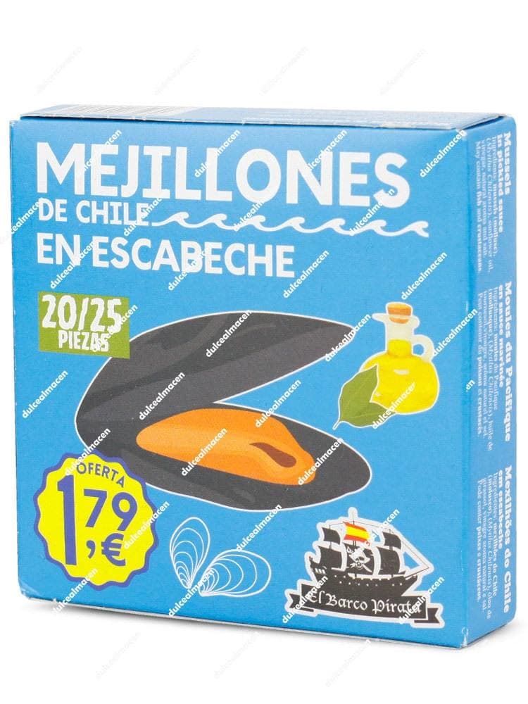 Caja azul de mejillones de Chile en escabeche El Barco Pirata con indicación de 20/25 piezas y precio 1,79 euros Dulcealmacen