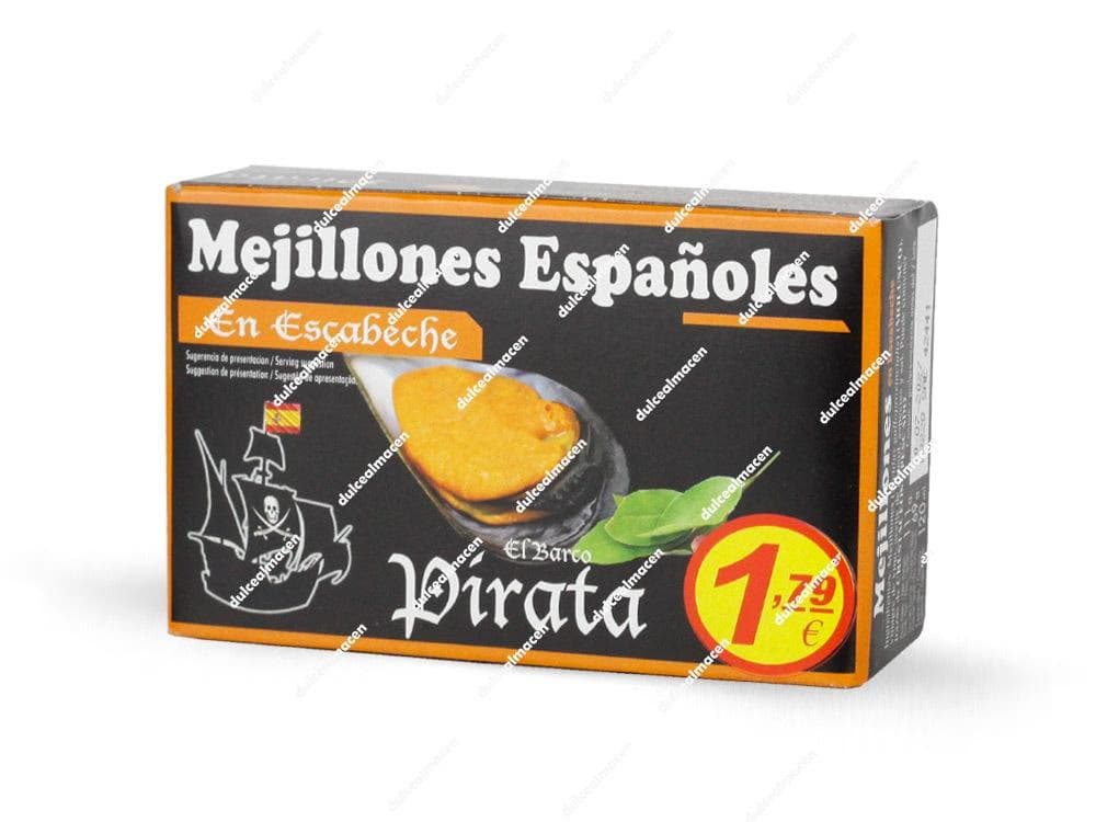 Caja de mejillones españoles en escabeche marca El Barco Pirata con precio destacado de 1,79 euros en Dulcealmacen