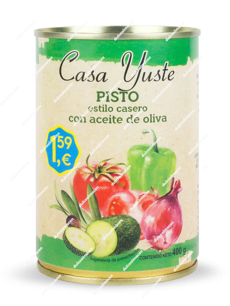 Lata de conserva cilíndrica de color verde y crema de Pisto Estilo Casero con Aceite de Oliva Casa Yuste 400g con ilustraciones de hortalizas frescas en el frontal - Dulcealmacen archivo image_a1e4cc.png