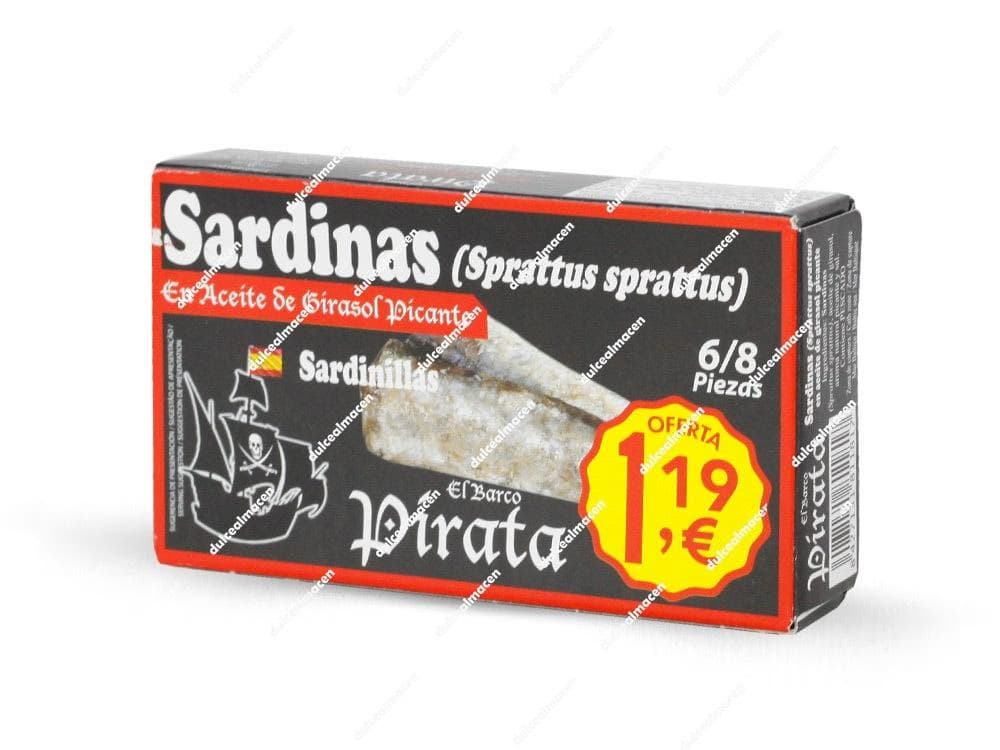 Caja de sardinas en aceite de girasol picante marca El Barco Pirata con precio de oferta de 1,19 euros en Dulcealmacen
