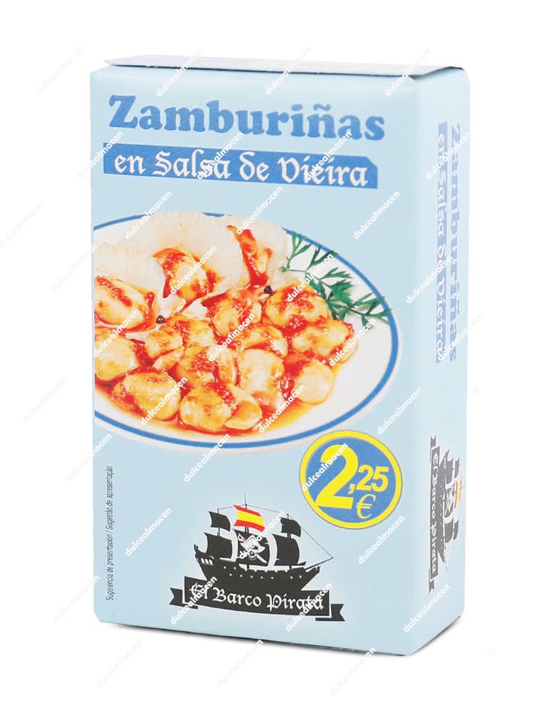 Caja azul de zamburiñas en salsa de vieira marca El Barco Pirata con precio de 2,25 euros en Dulcealmacen