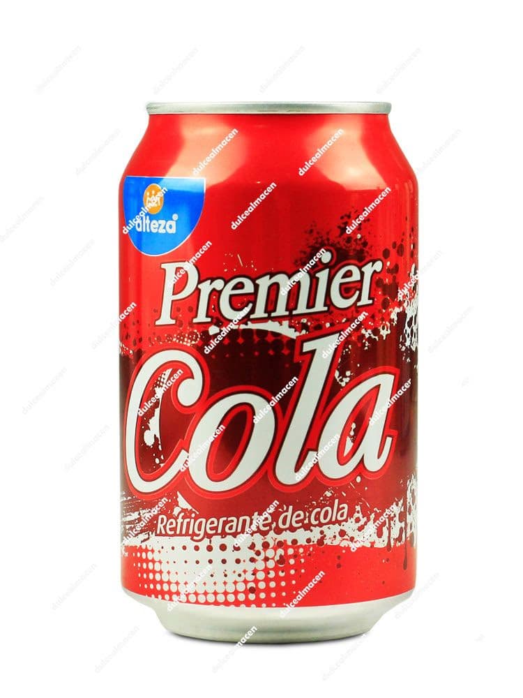 Lata roja de 33 cl de Alteza Refresco Premier Cola con burbujas blancas y logo azul de Alteza - Dulcealmacen