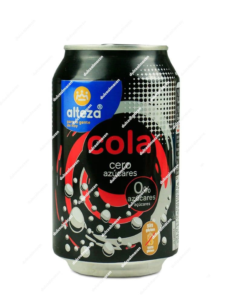 Lata negra de 33 cl de Alteza Refresco Cola Zero azúcares con detalles en rojo y azul - Dulcealmacen