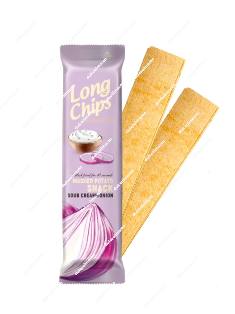 Envase lila de Long Chips Sour Cream & Onion 75g con láminas de patata alargadas - Dulcealmacen