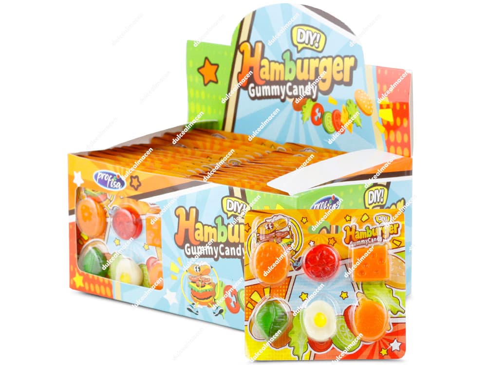 Expositor de 30 unidades de DIY Hamburger Gummy de Profisa con piezas individuales de gominola en Dulcealmacen