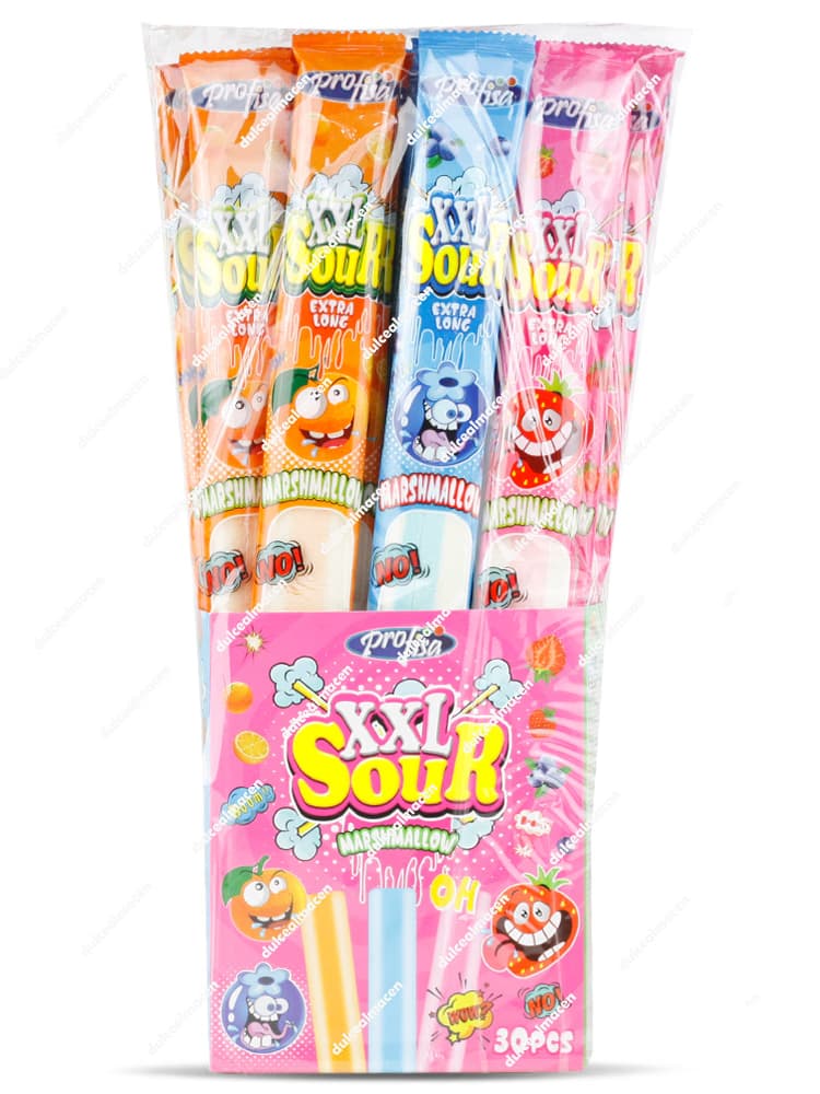Expositor de 30 unidades de Nubes XXL Sour Marshmallow de Profisa con sabores variados en Dulcealmacen