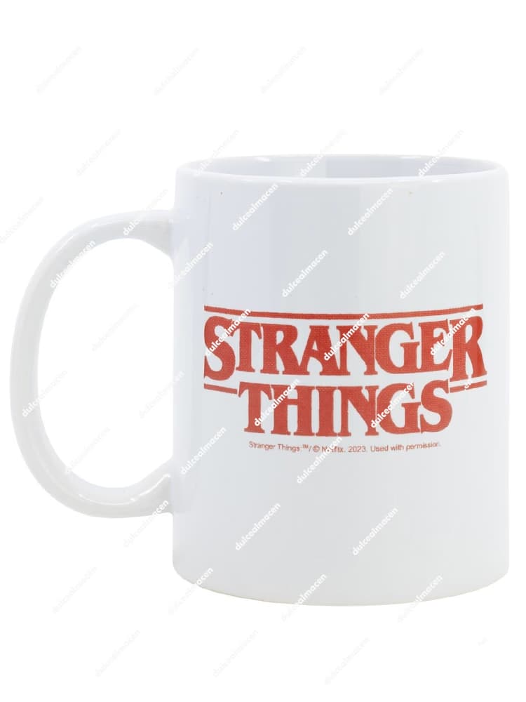 Taza de cerámica blanca de 325 ml con el logotipo rojo de Stranger Things y texto de licencia de Netflix 2023 - Dulcealmacen