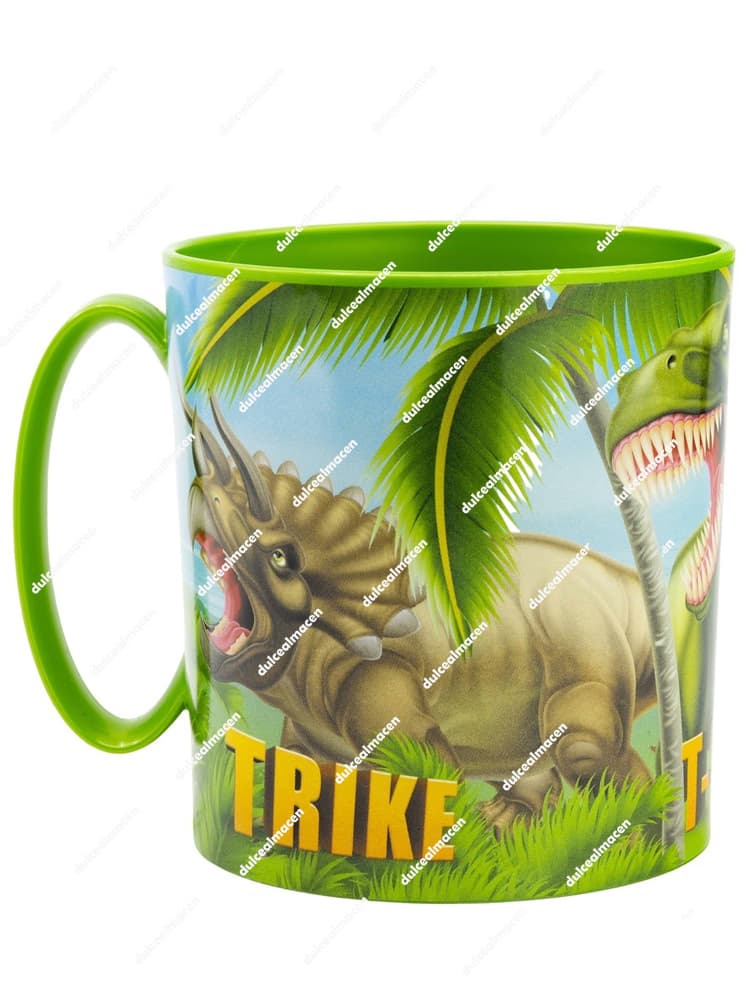 Taza de plástico verde de 390 ml apta para microondas con ilustración de un dinosaurio Brontosaurus y palmeras - Dulcealmacen