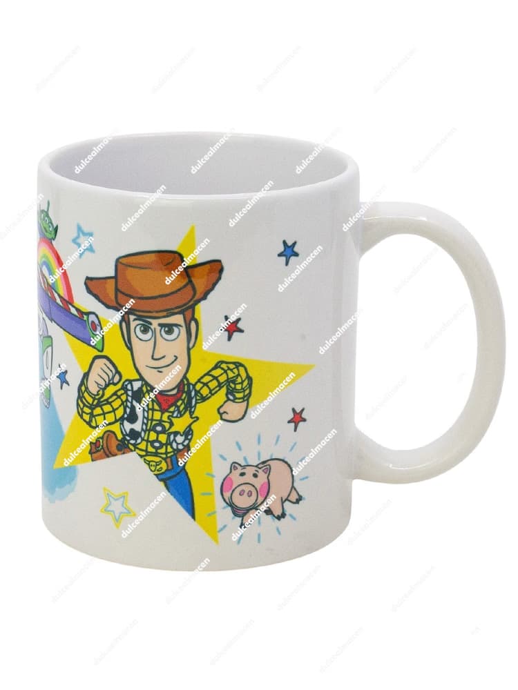 Taza de cerámica blanca de 325 ml con ilustraciones de Woody, marcianitos y estrellas de la película Toy Story - Dulcealmacen