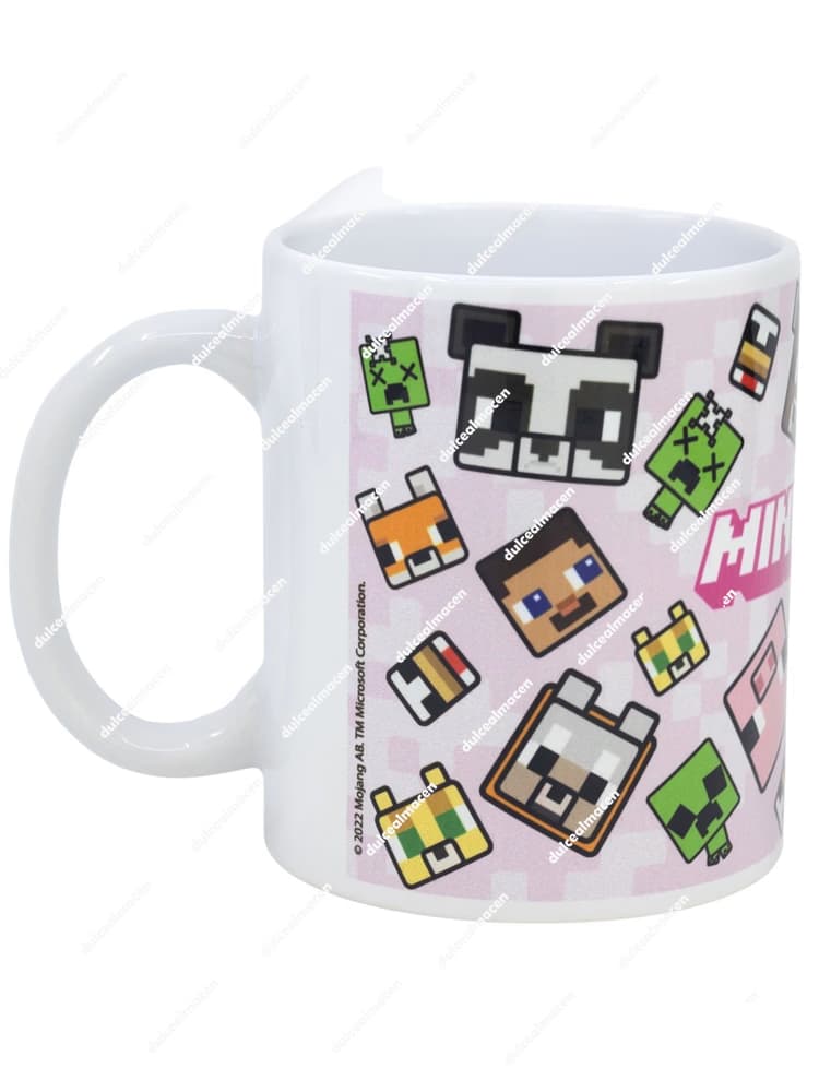 Taza de cerámica blanca con fondo rosa y personajes pixelados de Minecraft como vacas, cerdos y Creepers - Dulcealmacen