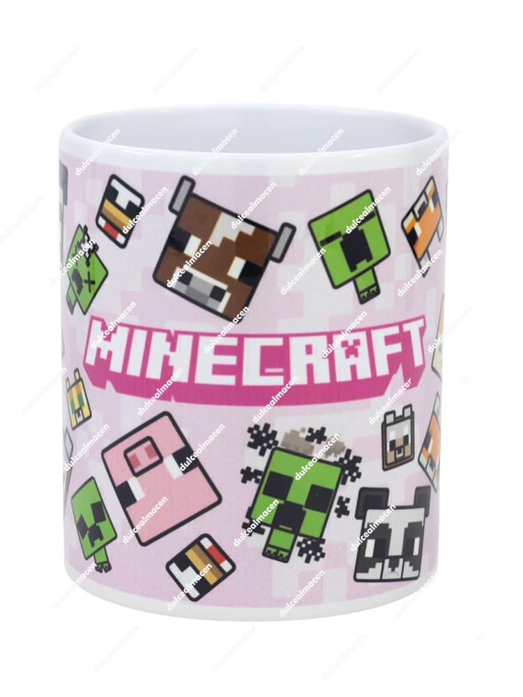 Taza de cerámica blanca con fondo rosa y personajes pixelados de Minecraft como vacas, cerdos y Creepers - Dulcealmacen