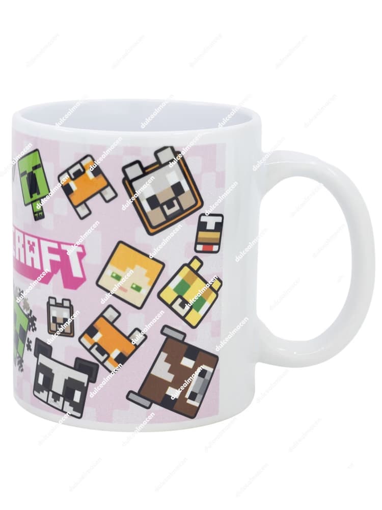 Taza de cerámica blanca con fondo rosa y personajes pixelados de Minecraft como vacas, cerdos y Creepers - Dulcealmacen