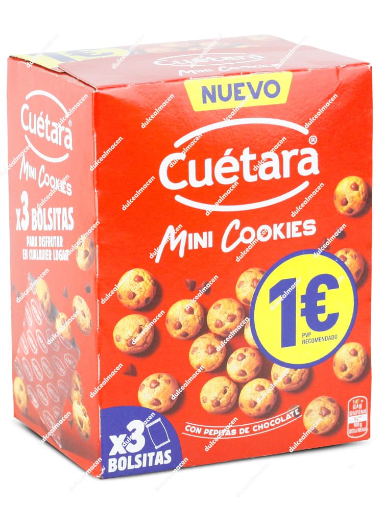 Caja roja de galletas Cuétara Mini Cookies de 90 gramos que contiene 3 bolsitas individuales, mostrando imágenes de mini galletas con pepitas de chocolate y sello de PVP 1€ - Dulcealmacen