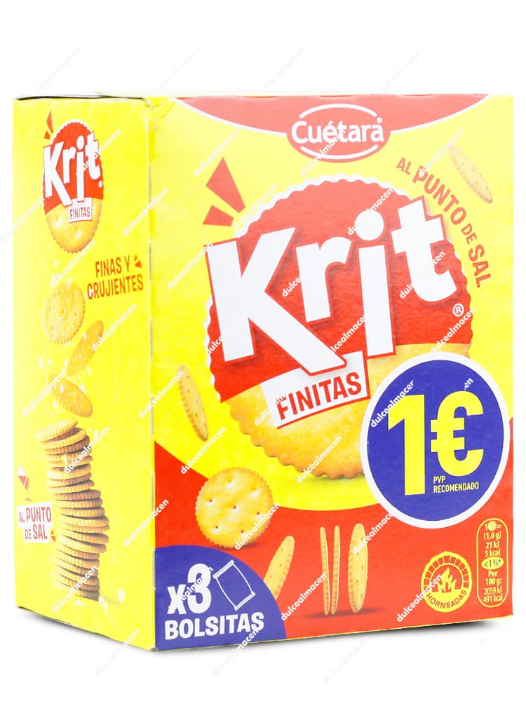 Caja amarilla de galletas Cuétara Krit Finitas al punto de sal, indicando que son finas y crujientes, con 3 bolsitas individuales y sello de PVP 1€ - Dulcealmacen
