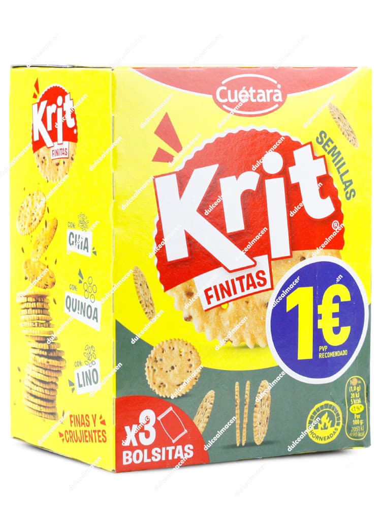 Caja amarilla y verde de galletas Cuétara Krit Finitas con semillas de chía, quinoa y lino, indicando que son finas y crujientes, con 3 bolsitas individuales y sello de PVP 1€ - Dulcealmacen