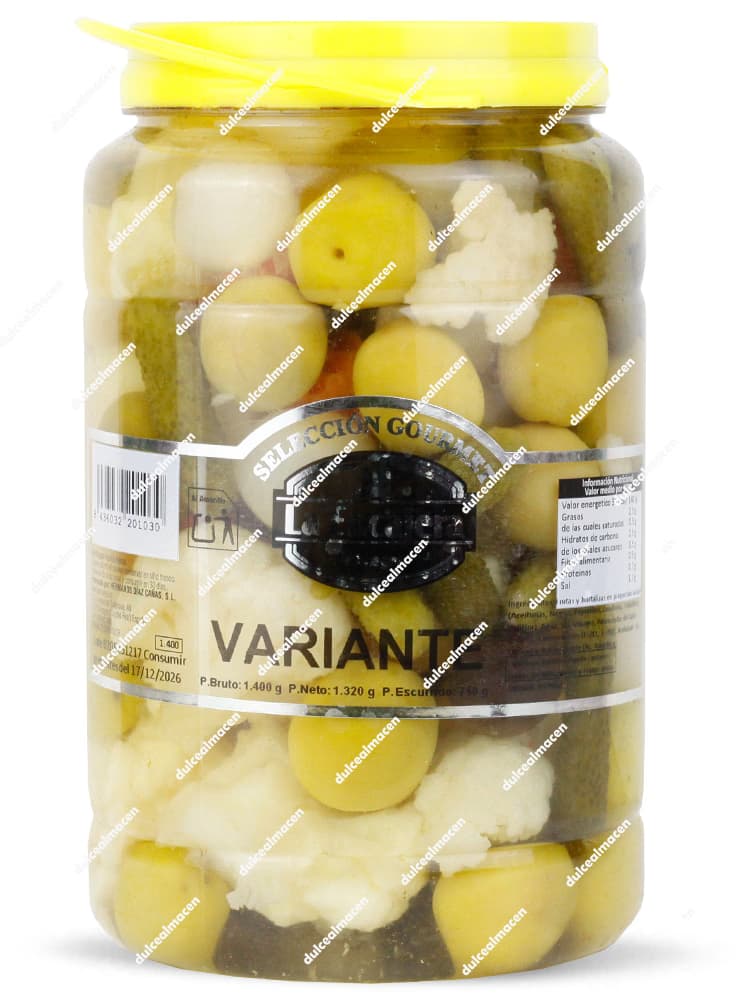 Tarro de 1,4kg de Revuelto Variante Selección Gourmet de la marca La Encajera con aceitunas, pepinillos y cebollitas en Dulcealmacen